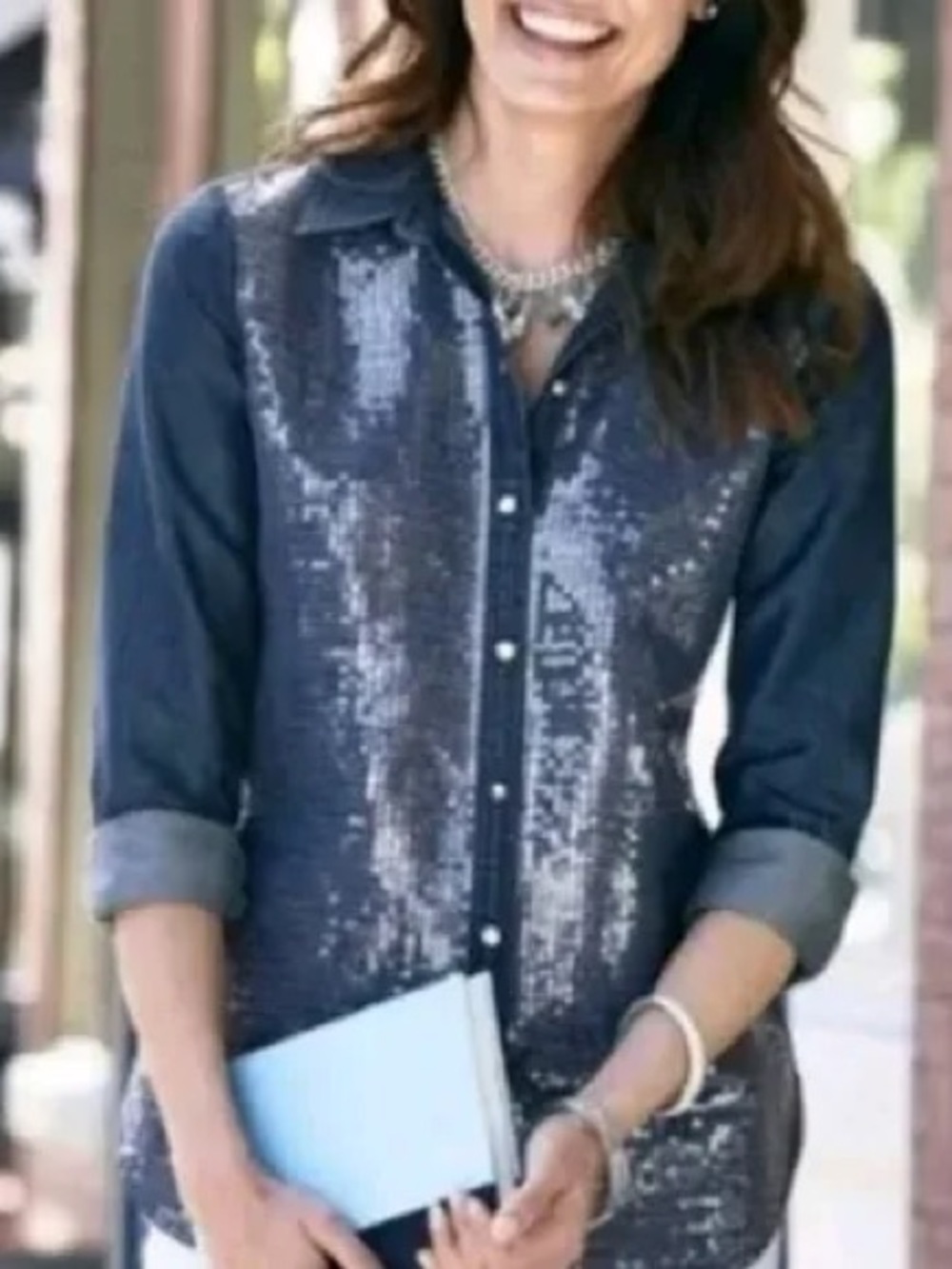 Chico's Navy Label Sequin Denim Button Down Top, Size 1/M